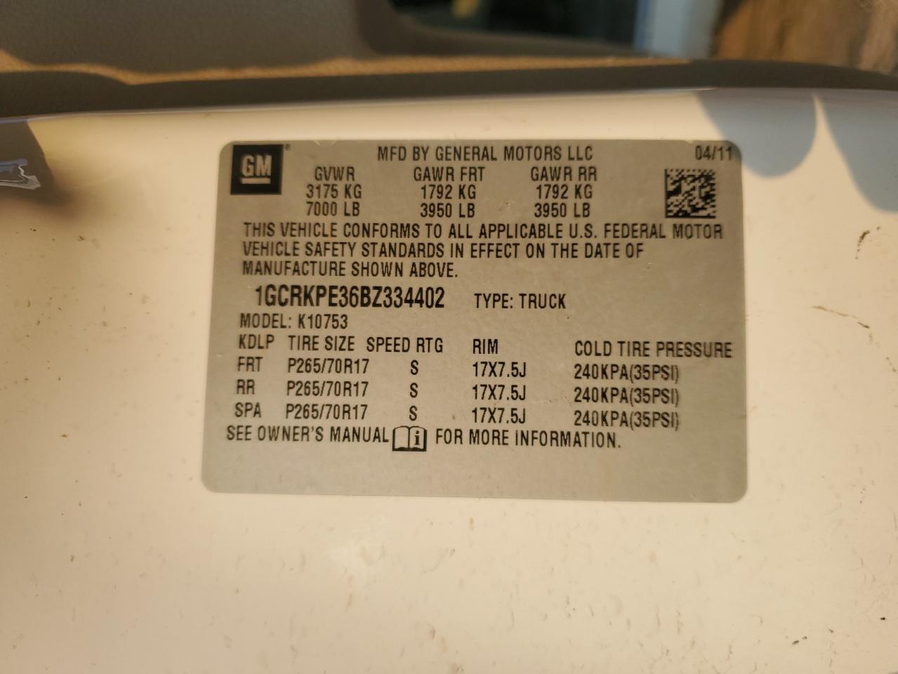 2011 Chevrolet Silverado K1500 VIN: 1GCRKPE36BZ334402 Lot: 80905345