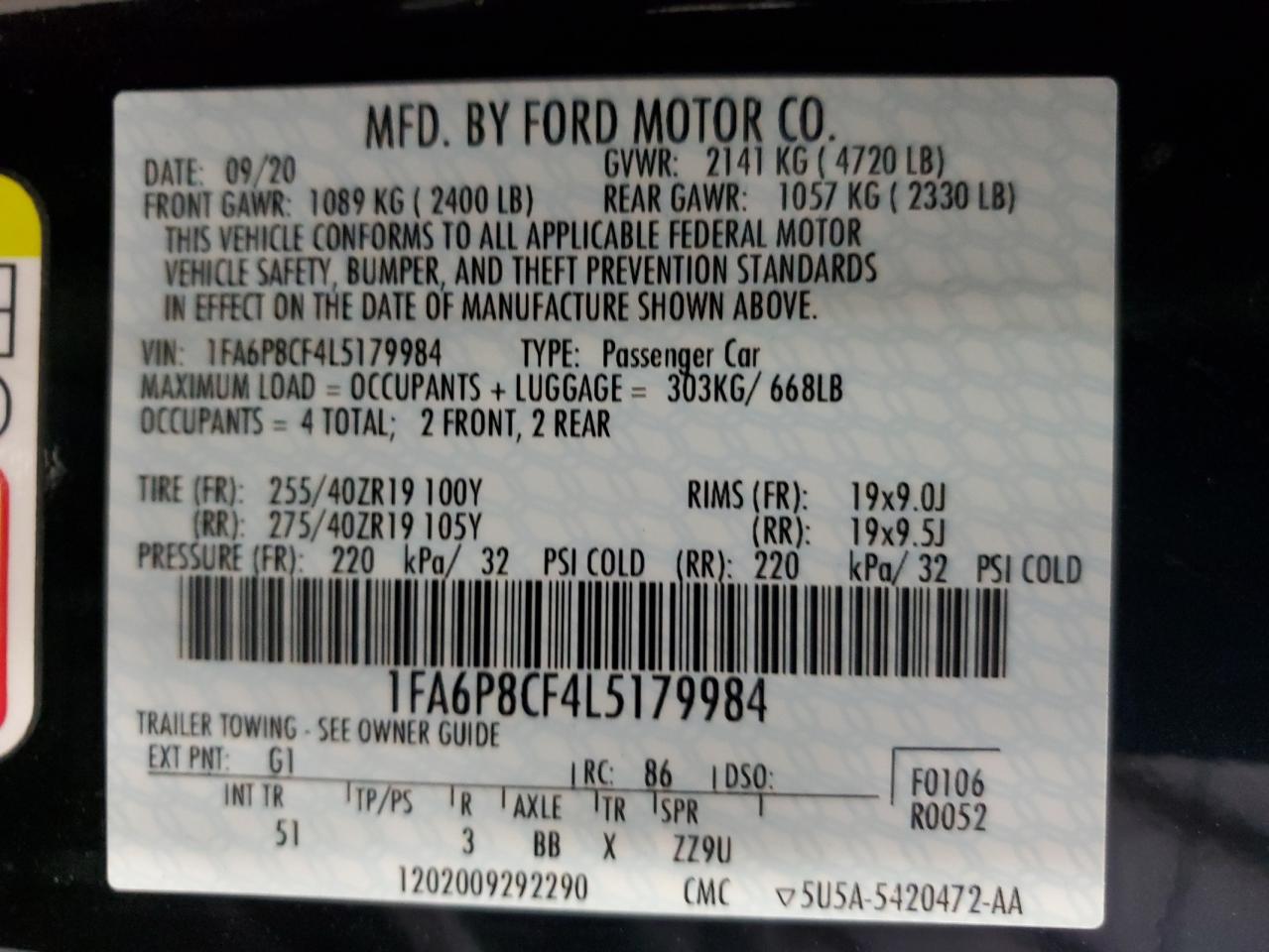 2020 Ford Mustang Gt VIN: 1FA6P8CF4L5179984 Lot: 71209125