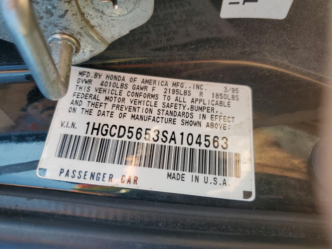 1995 Honda Accord Ex VIN: 1HGCD5653SA104563 Lot: 70703425