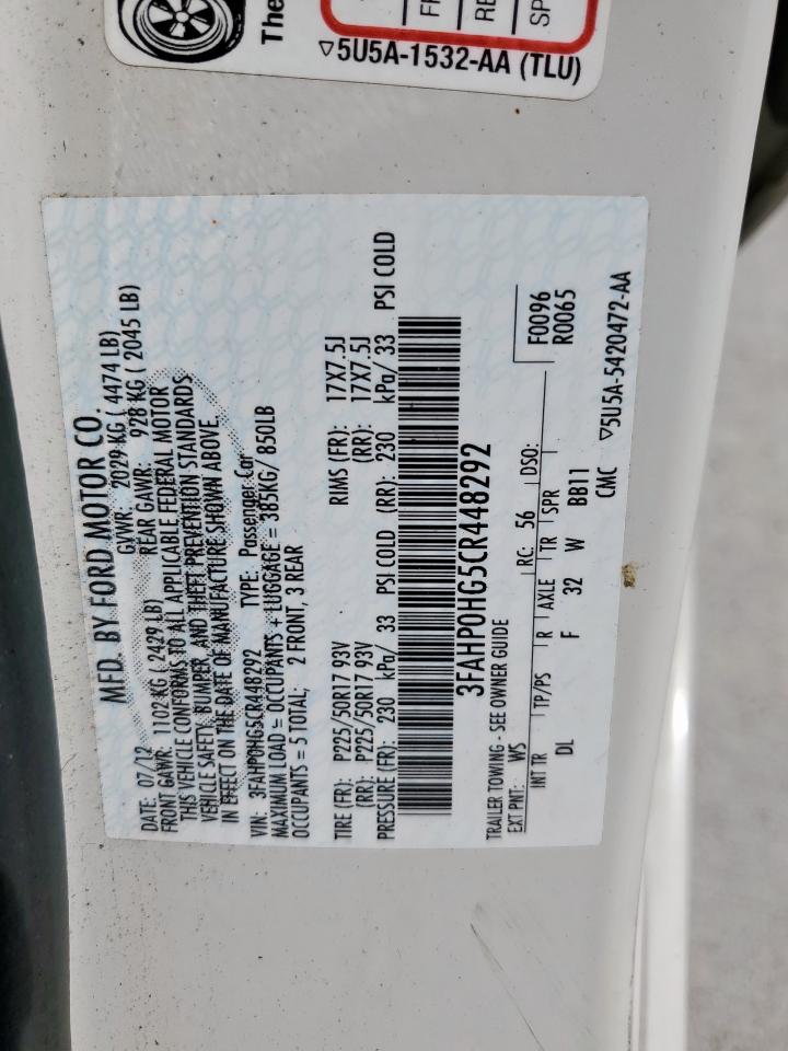 2012 Ford Fusion Se VIN: 3FAHP0HG5CR448292 Lot: 81801155