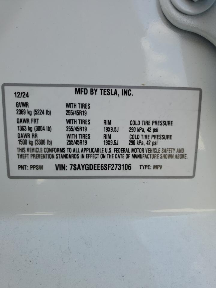 2025 Tesla Model Y VIN: 7SAYGDEE6SF273106 Lot: 80185485