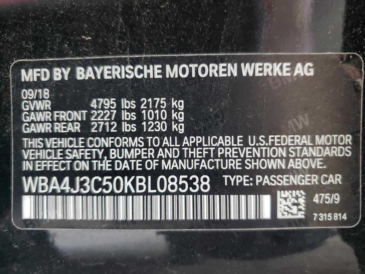 2019 BMW 430Xi Gran Coupe VIN: WBA4J3C50KBL08538 Lot: 81821135