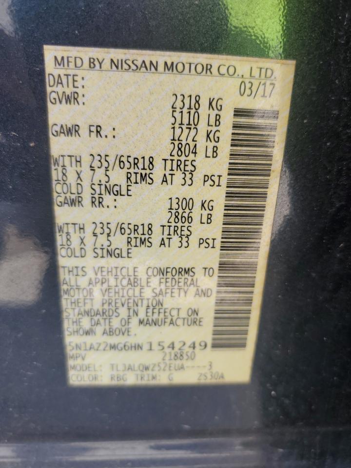 2017 Nissan Murano S VIN: 5N1AZ2MG6HN154249 Lot: 83994685