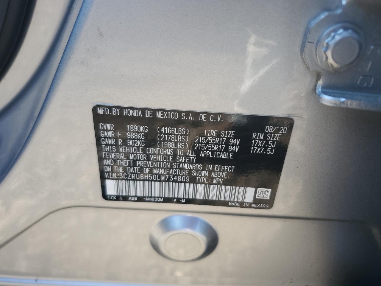 2020 Honda Hr-V Ex VIN: 3CZRU6H50LM734809 Lot: 71707515