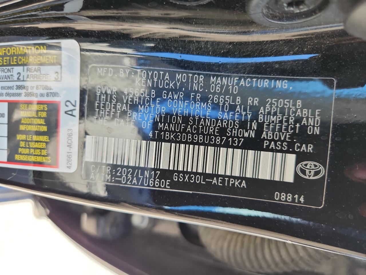 2011 Toyota Avalon Base VIN: 4T1BK3DB9BU387137 Lot: 72093695