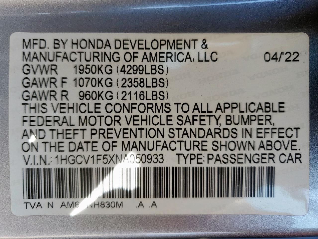2022 Honda Accord Exl VIN: 1HGCV1F5XNA050933 Lot: 81663385