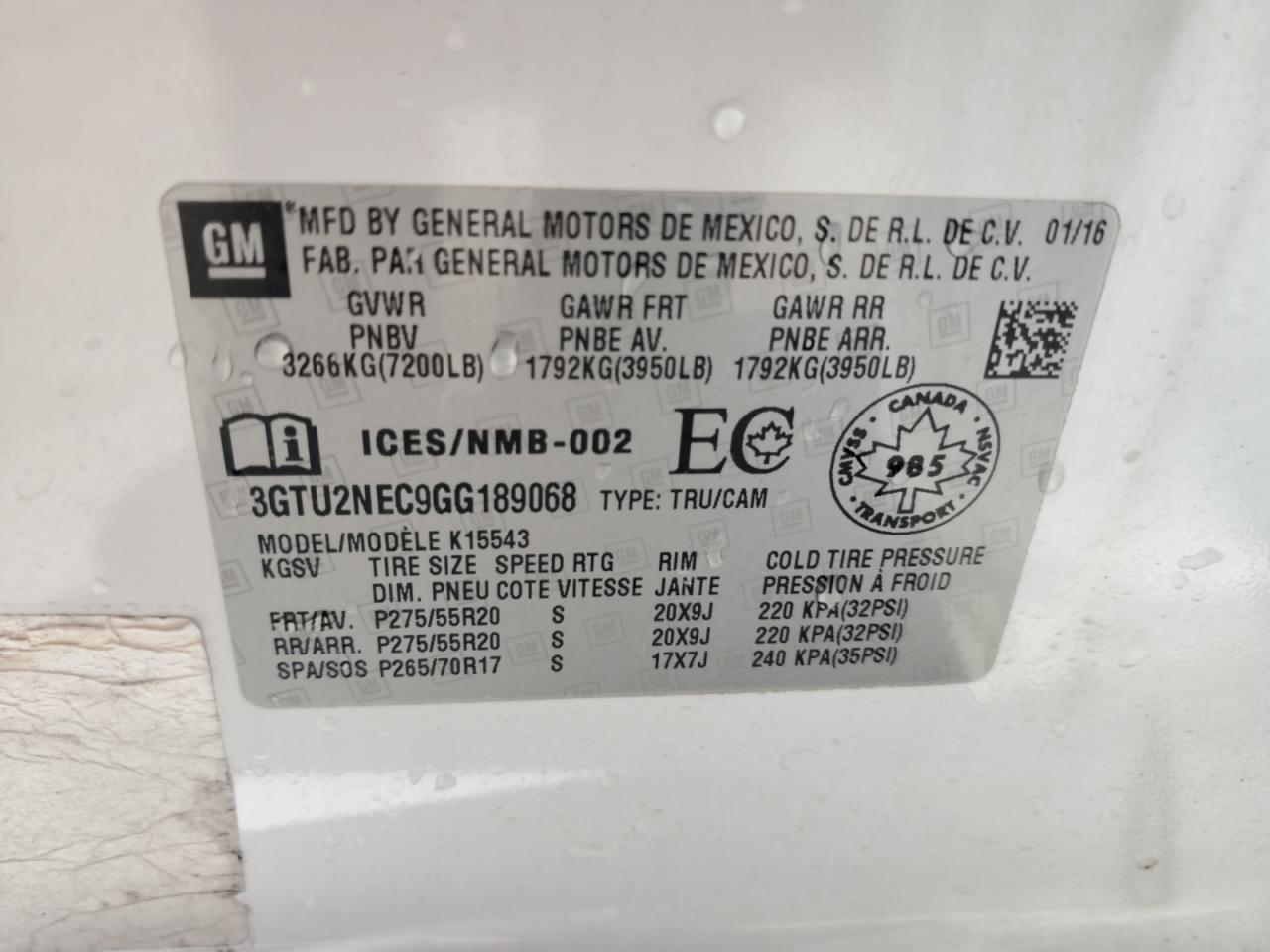 2016 GMC Sierra K1500 Slt VIN: 3GTU2NEC9GG189068 Lot: 80156265