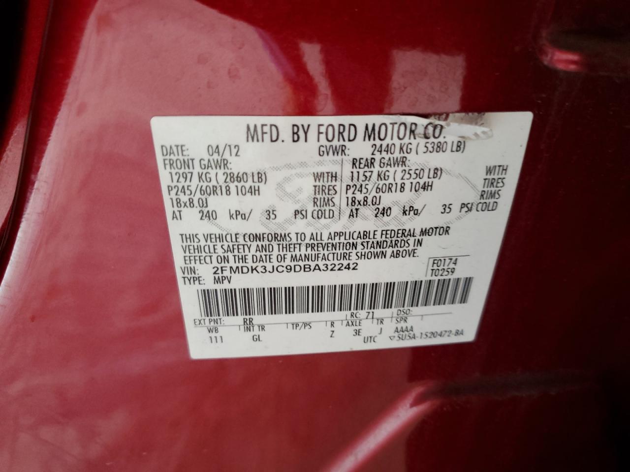 2013 Ford Edge Sel VIN: 2FMDK3JC9DBA32242 Lot: 71881795