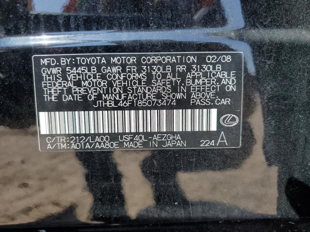 2008 Lexus Ls 460 VIN: JTHBL46F185073474 Lot: 80725165