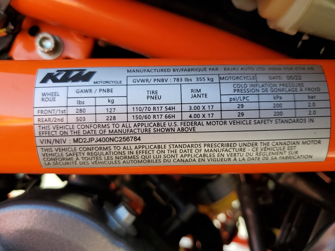 2022 Ktm 390 Duke VIN: MD2JPJ400NC256784 Lot: 81920545