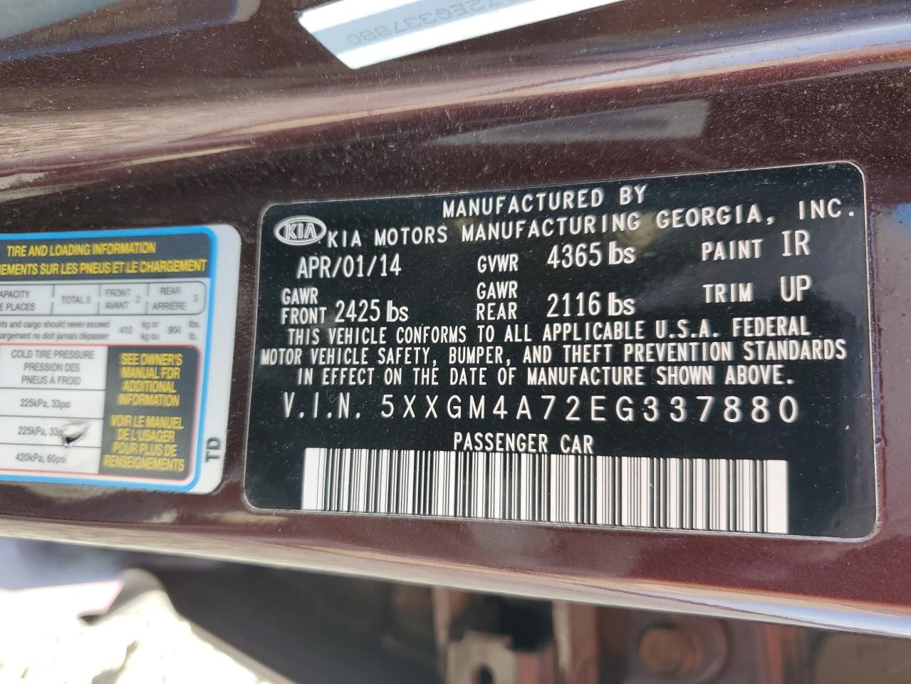 2014 Kia Optima Lx VIN: 5XXGM4A72EG337880 Lot: 71860635