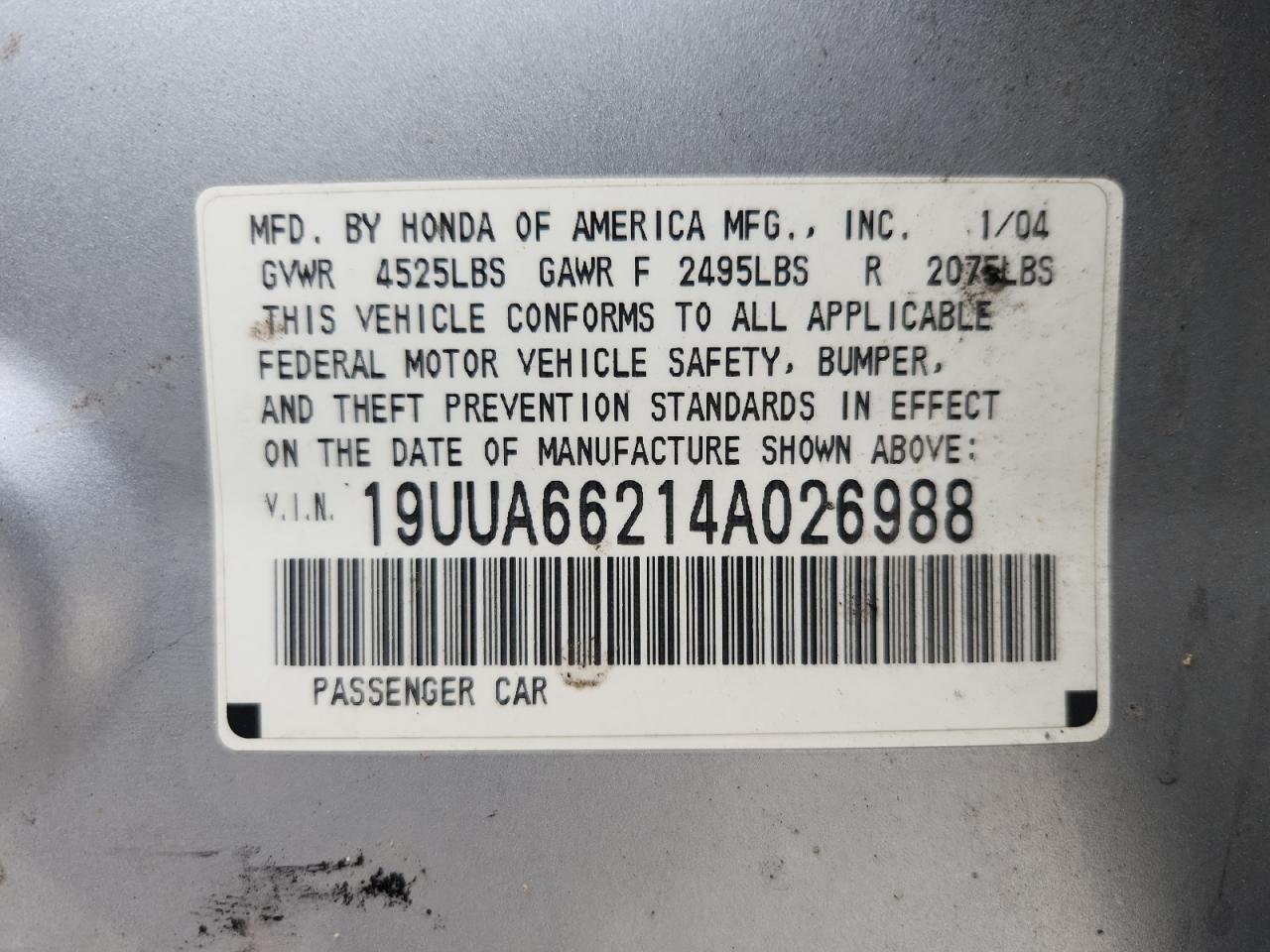 2004 Acura Tl VIN: 19UUA66214A026988 Lot: 81085865