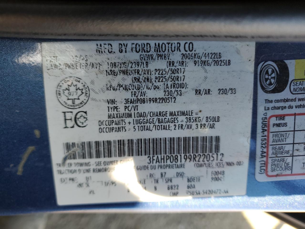 2009 Ford Fusion Sel VIN: 3FAHP08199R220512 Lot: 83922585