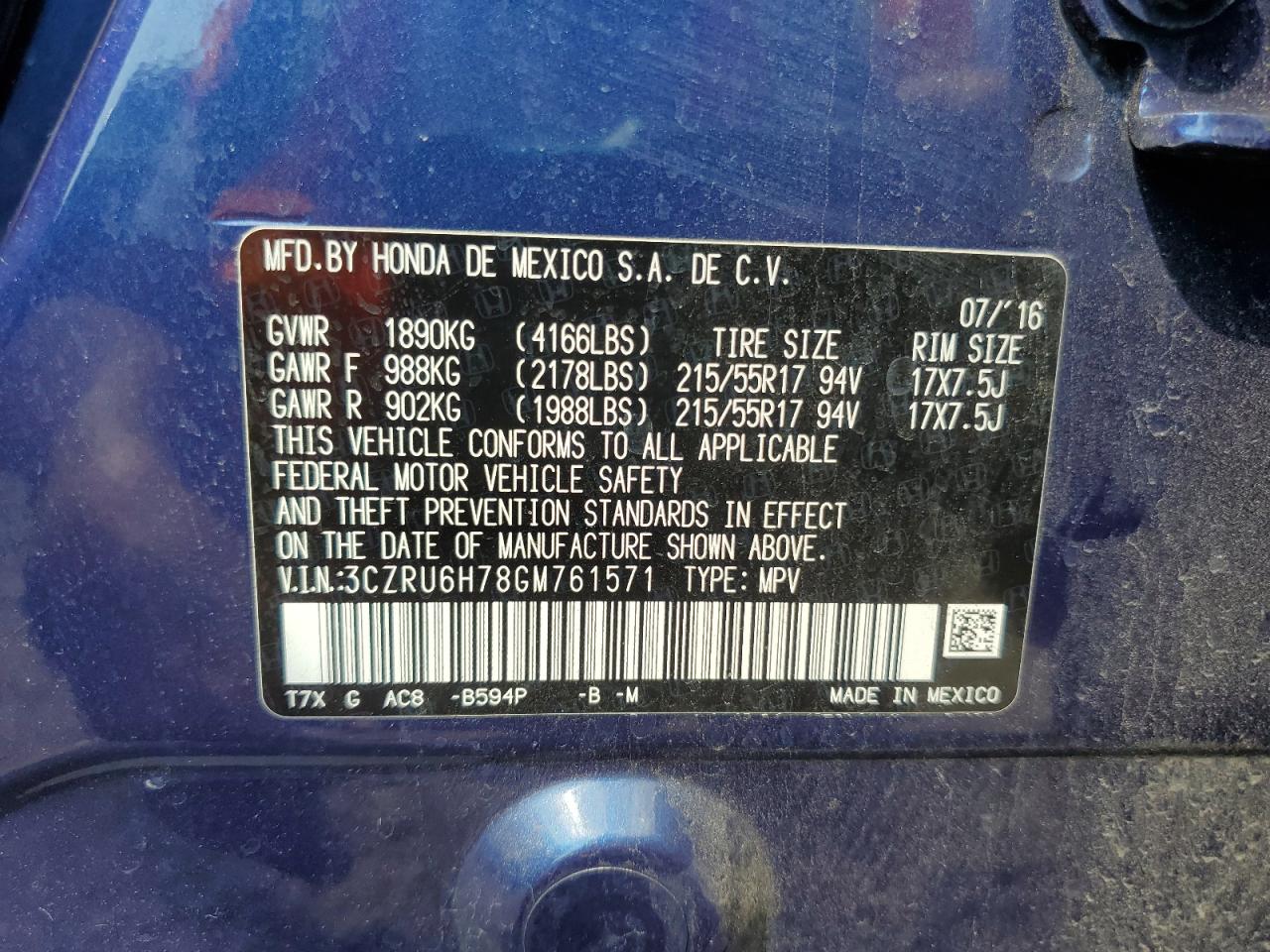 2016 Honda Hr-V Exl VIN: 3CZRU6H78GM761571 Lot: 80143335