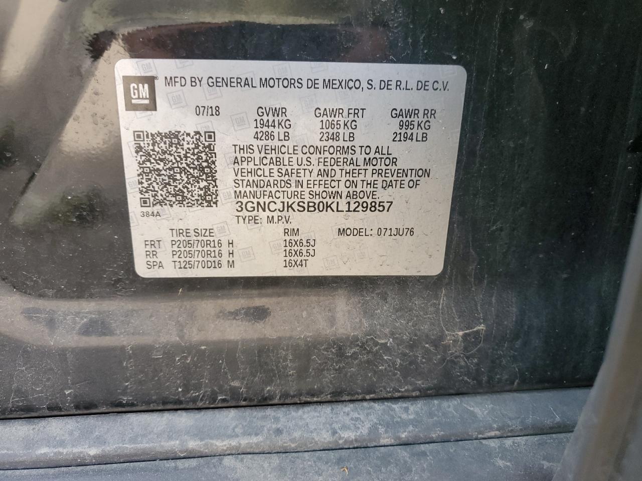 2019 Chevrolet Trax Ls VIN: 3GNCJKSB0KL129857 Lot: 81421805