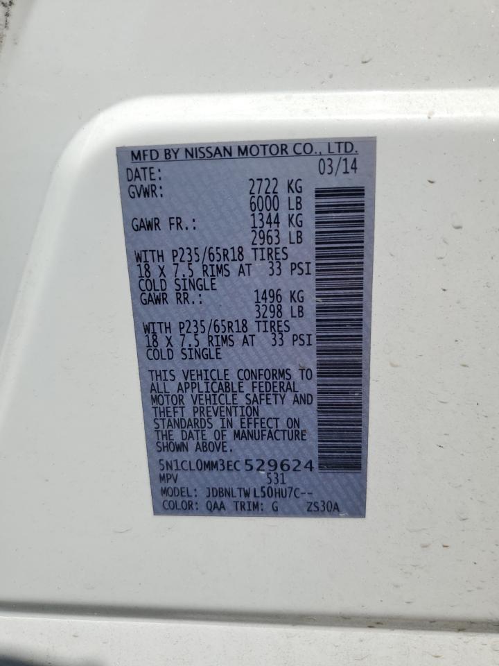 2014 Infiniti Qx60 Hybrid VIN: 5N1CL0MM3EC529624 Lot: 71502405