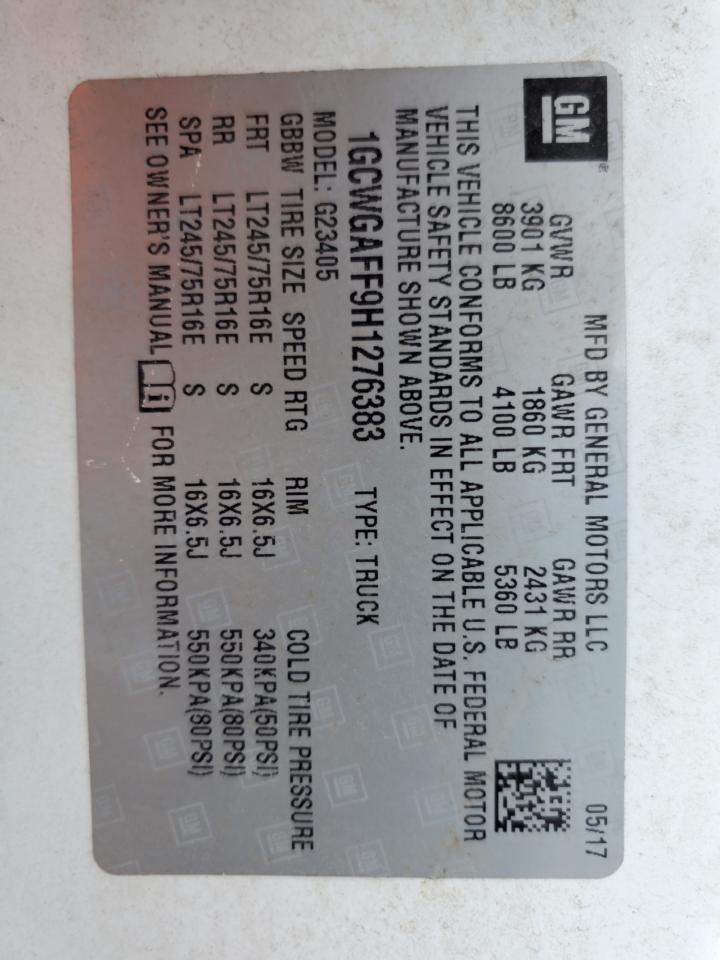 2017 Chevrolet Express G2500 VIN: 1GCWGAFF9H1276383 Lot: 84578745