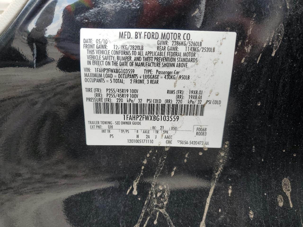 2011 Ford Taurus Limited VIN: 1FAHP2FWXBG103559 Lot: 83976075