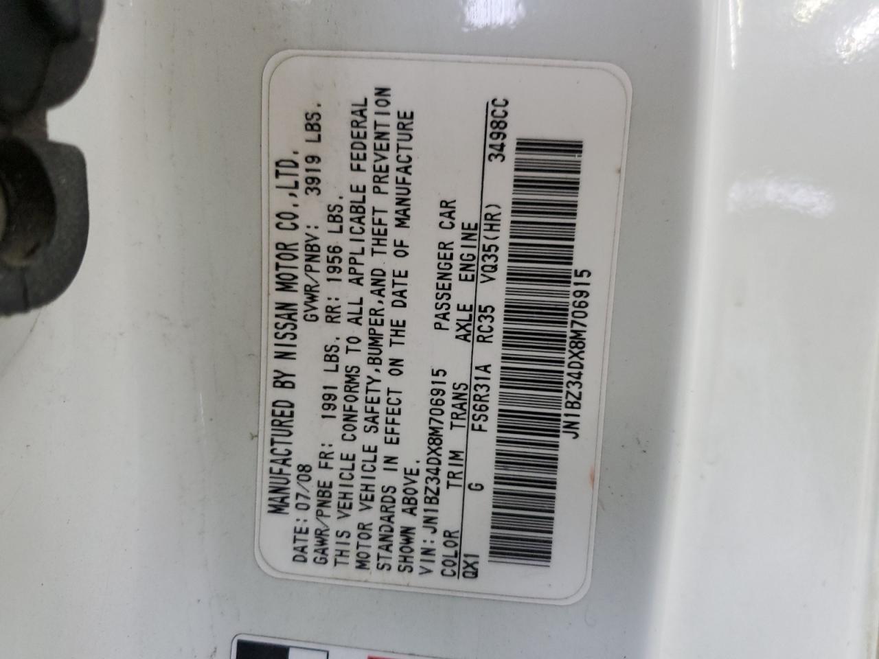 2008 Nissan 350Z Coupe VIN: JN1BZ34DX8M706915 Lot: 70757715