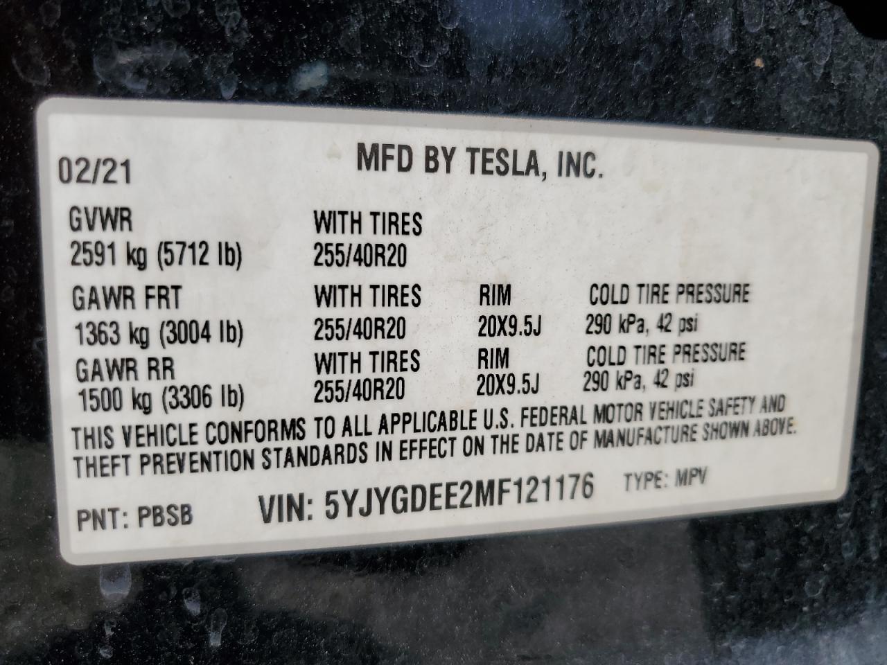 2021 Tesla Model Y VIN: 5YJYGDEE2MF121176 Lot: 72051595