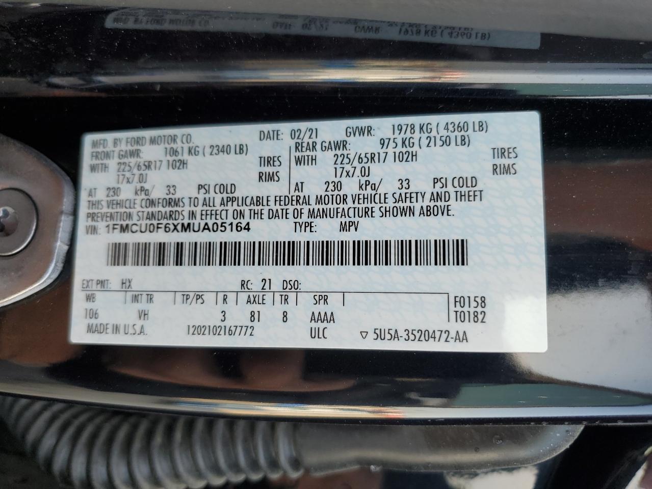 2021 Ford Escape S VIN: 1FMCU0F6XMUA05164 Lot: 71996435