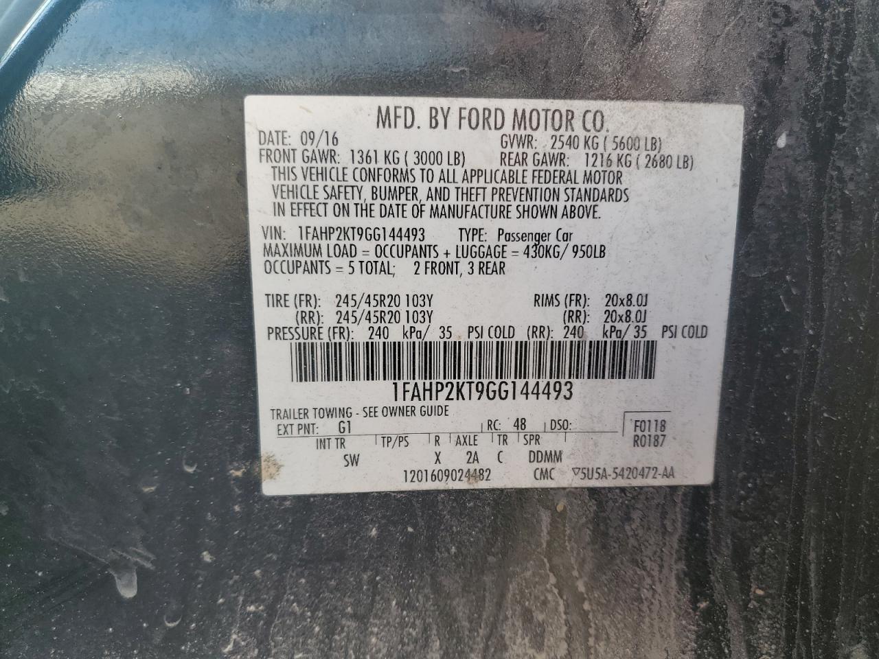 2016 Ford Taurus Sho VIN: 1FAHP2KT9GG144493 Lot: 80639235
