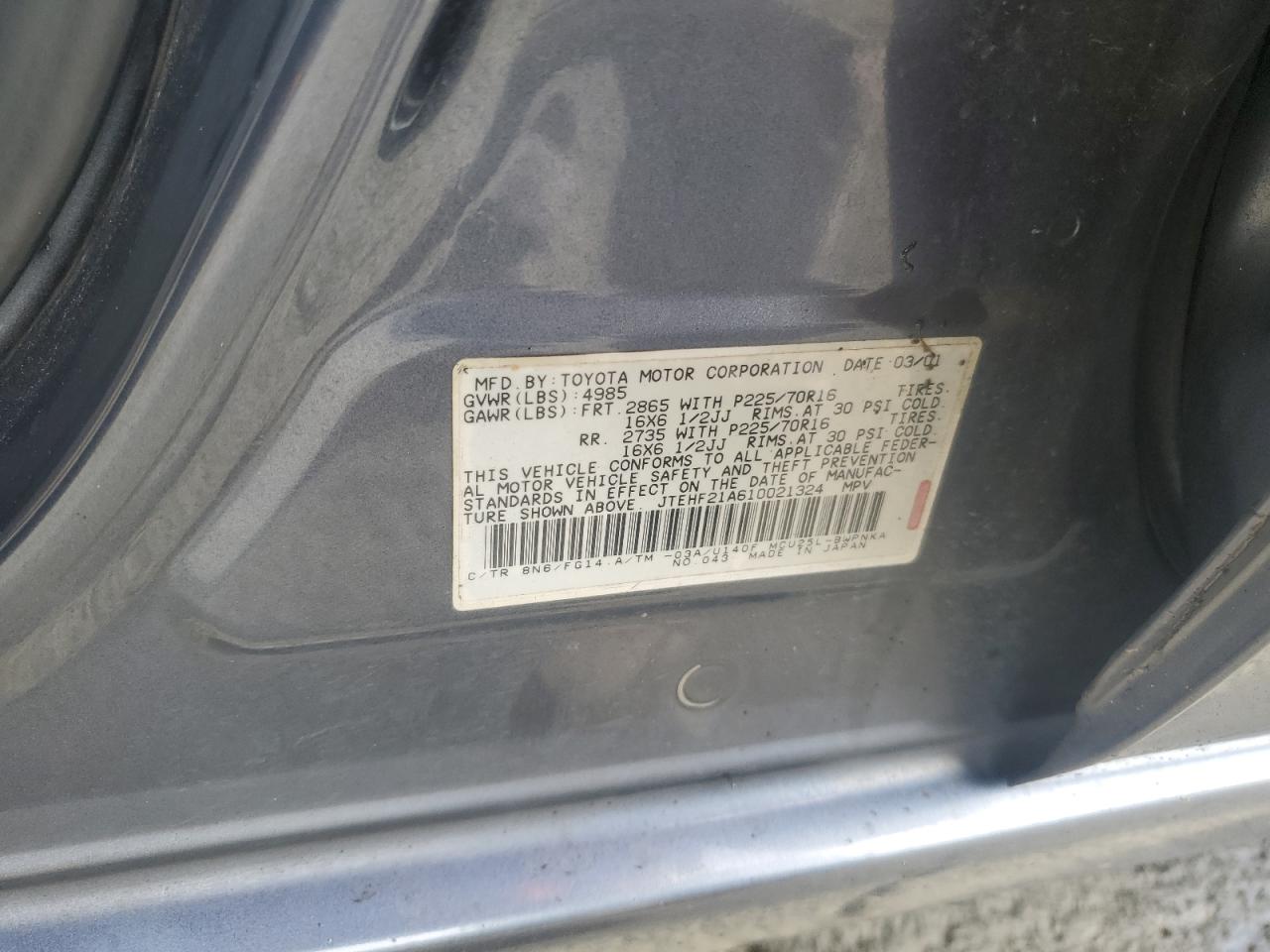 2001 Toyota Highlander VIN: JTEHF21A610021324 Lot: 81955115