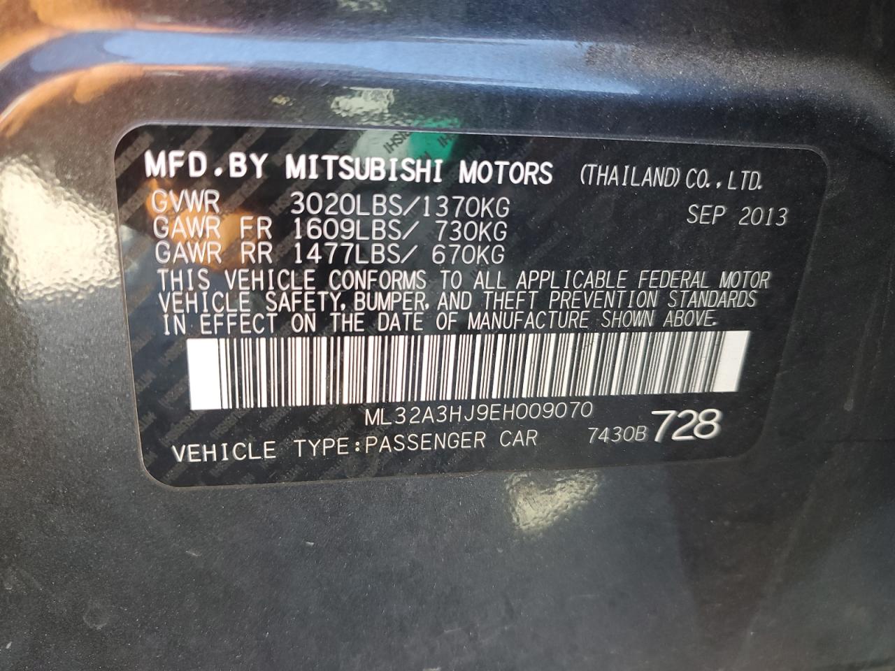 2014 Mitsubishi Mirage De VIN: ML32A3HJ9EH009070 Lot: 84794275