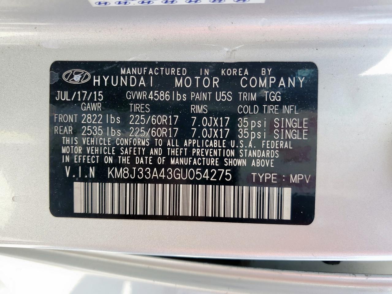 2016 Hyundai Tucson Limited VIN: KM8J33A43GU054275 Lot: 71856405