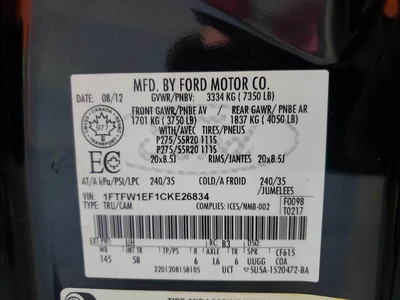 2012 Ford F150 Supercrew VIN: 1FTFW1EF1CKE26834 Lot: 71788175