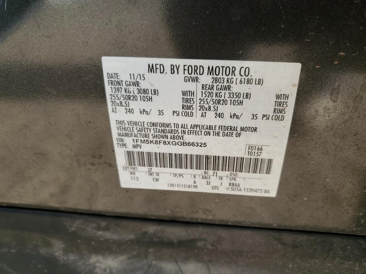 2016 Ford Explorer Limited VIN: 1FM5K8F8XGGB66325 Lot: 80505975