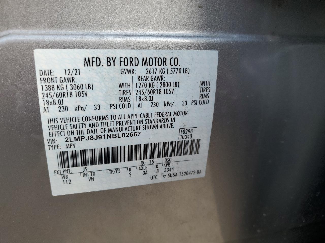 2022 Lincoln Nautilus VIN: 2LMPJ8J91NBL02667 Lot: 81609275