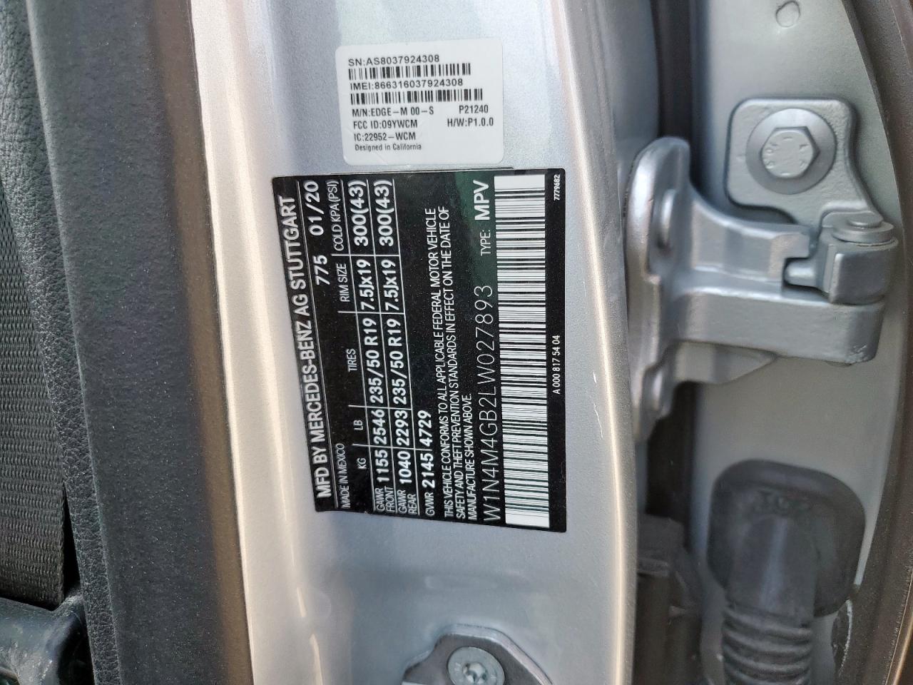 2020 Mercedes-Benz Glb 250 VIN: W1N4M4GB2LW027893 Lot: 81078275