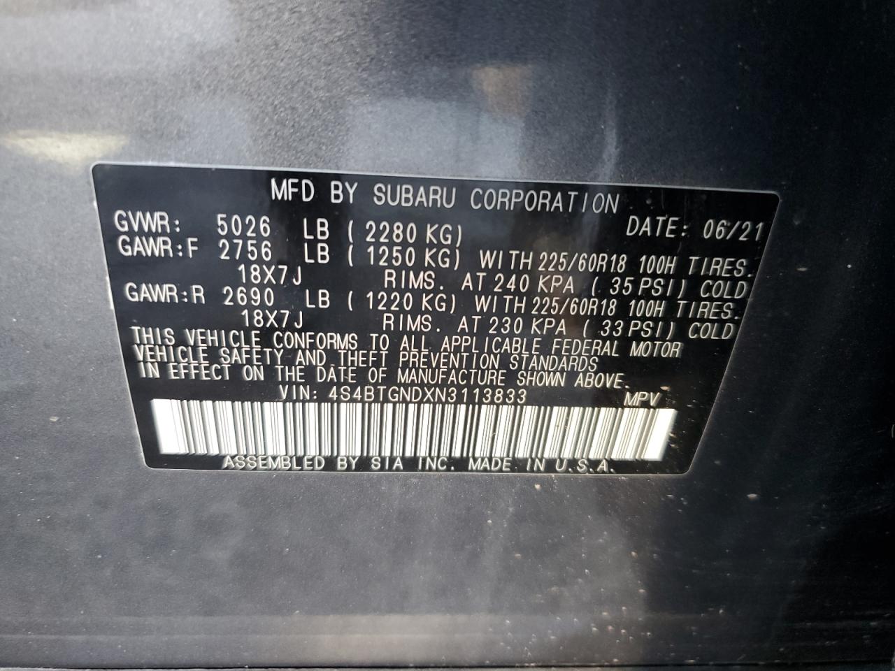 2022 Subaru Outback Limited Xt VIN: 4S4BTGNDXN3113833 Lot: 80848885