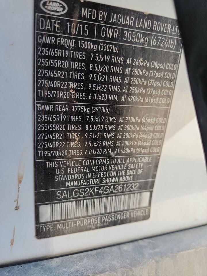 2016 Land Rover Range Rover Hse VIN: SALGS2KF4GA261232 Lot: 81394635