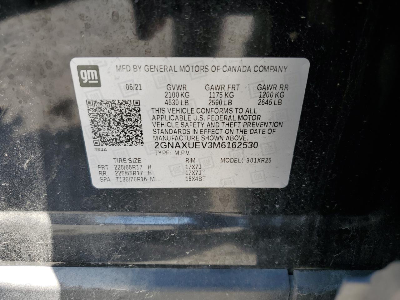 2021 Chevrolet Equinox Lt VIN: 2GNAXUEV3M6162530 Lot: 72009755