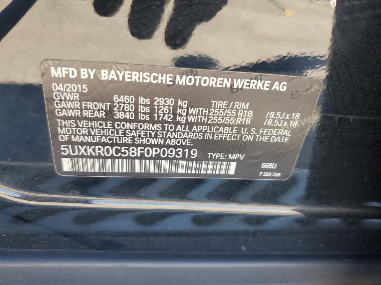 2015 BMW X5 xDrive35I VIN: 5UXKR0C58F0P09319 Lot: 71766235