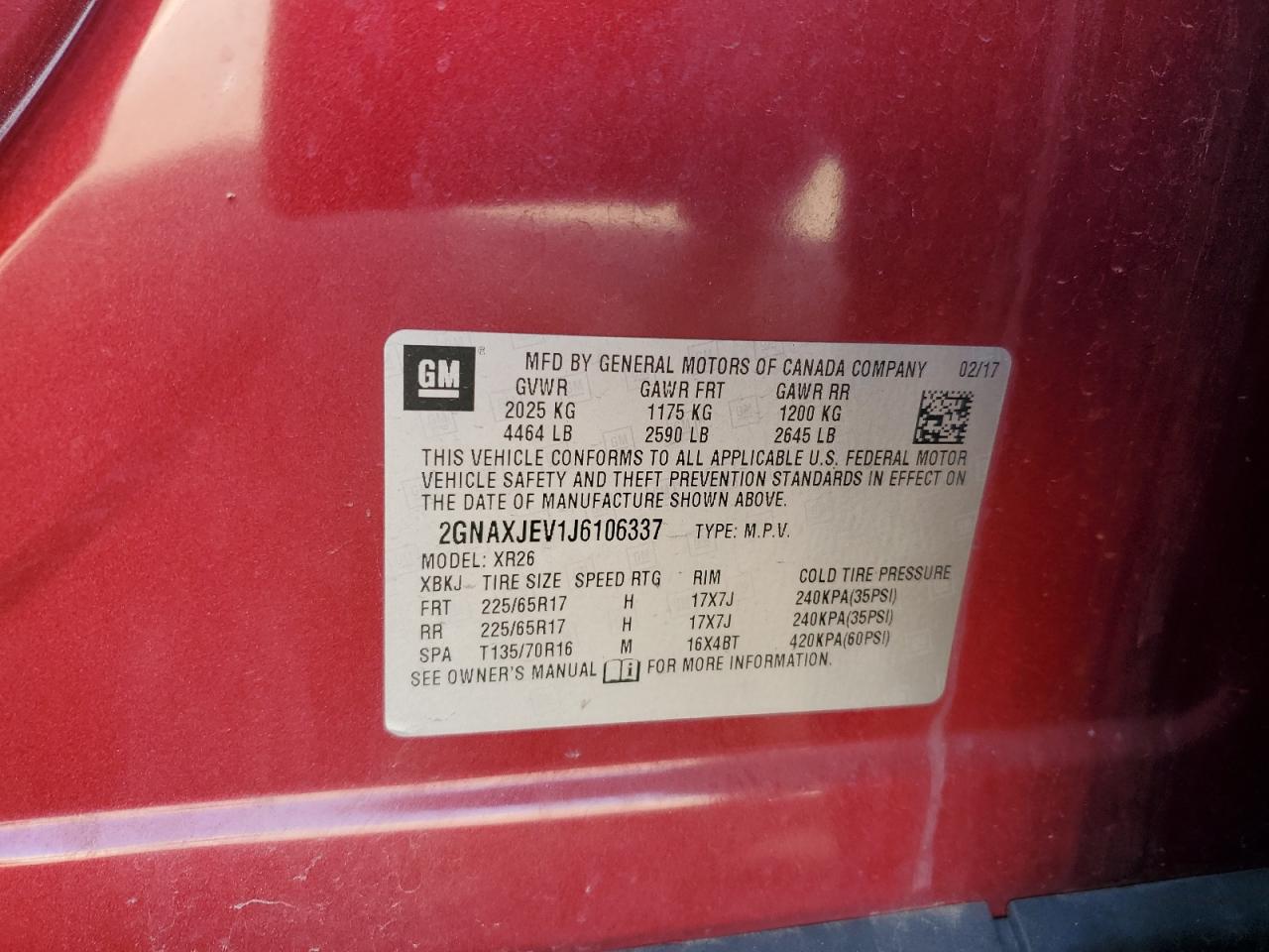 2018 Chevrolet Equinox Lt VIN: 2GNAXJEV1J6106337 Lot: 71737435