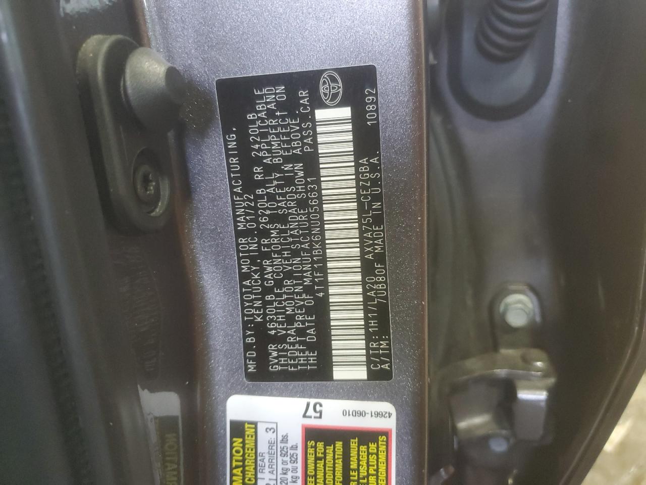 2022 Toyota Camry Xle VIN: 4T1F11BK6NU056631 Lot: 81832775