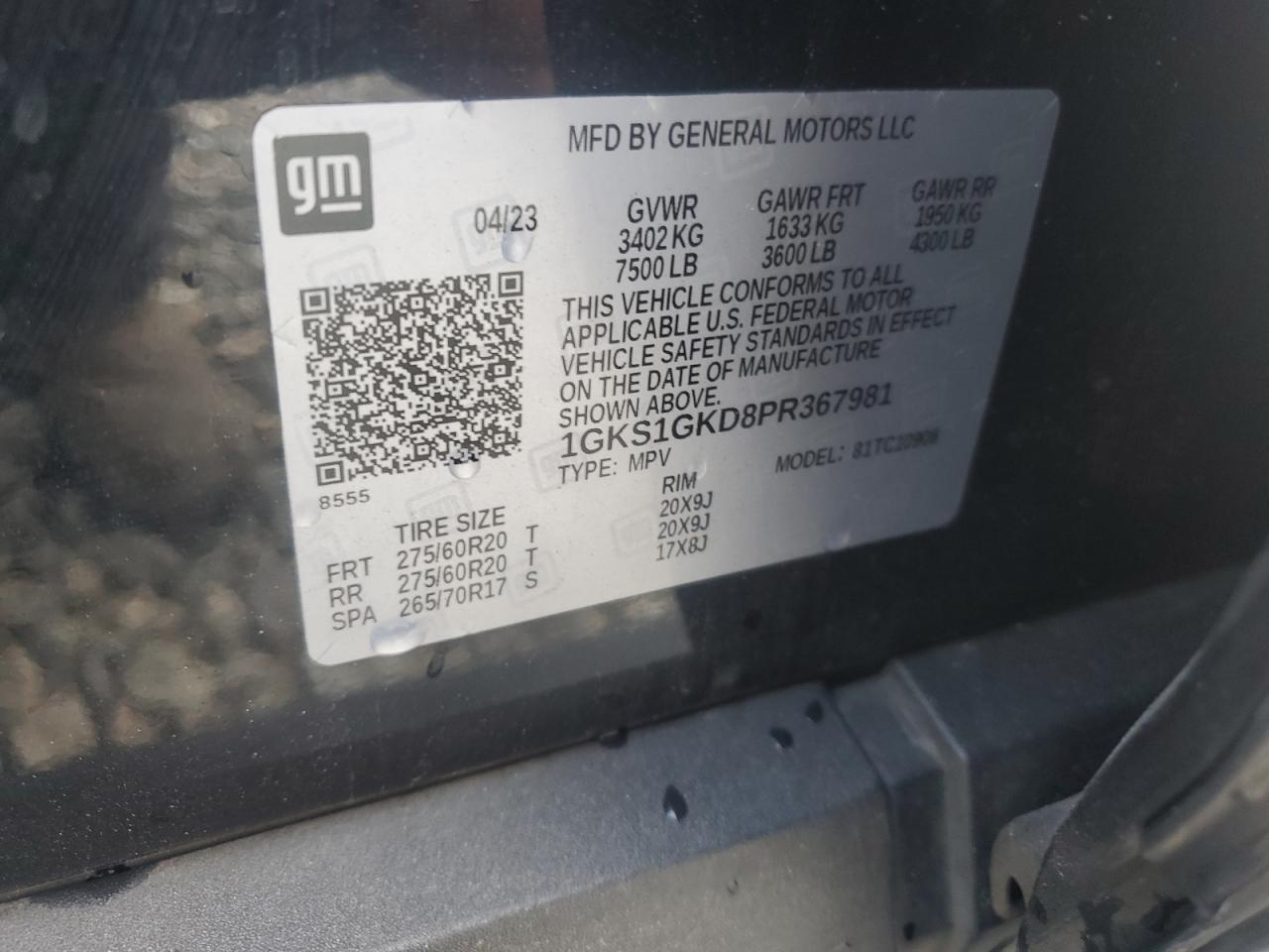 2023 GMC Yukon Xl C1500 Slt VIN: 1GKS1GKD8PR367981 Lot: 80321295