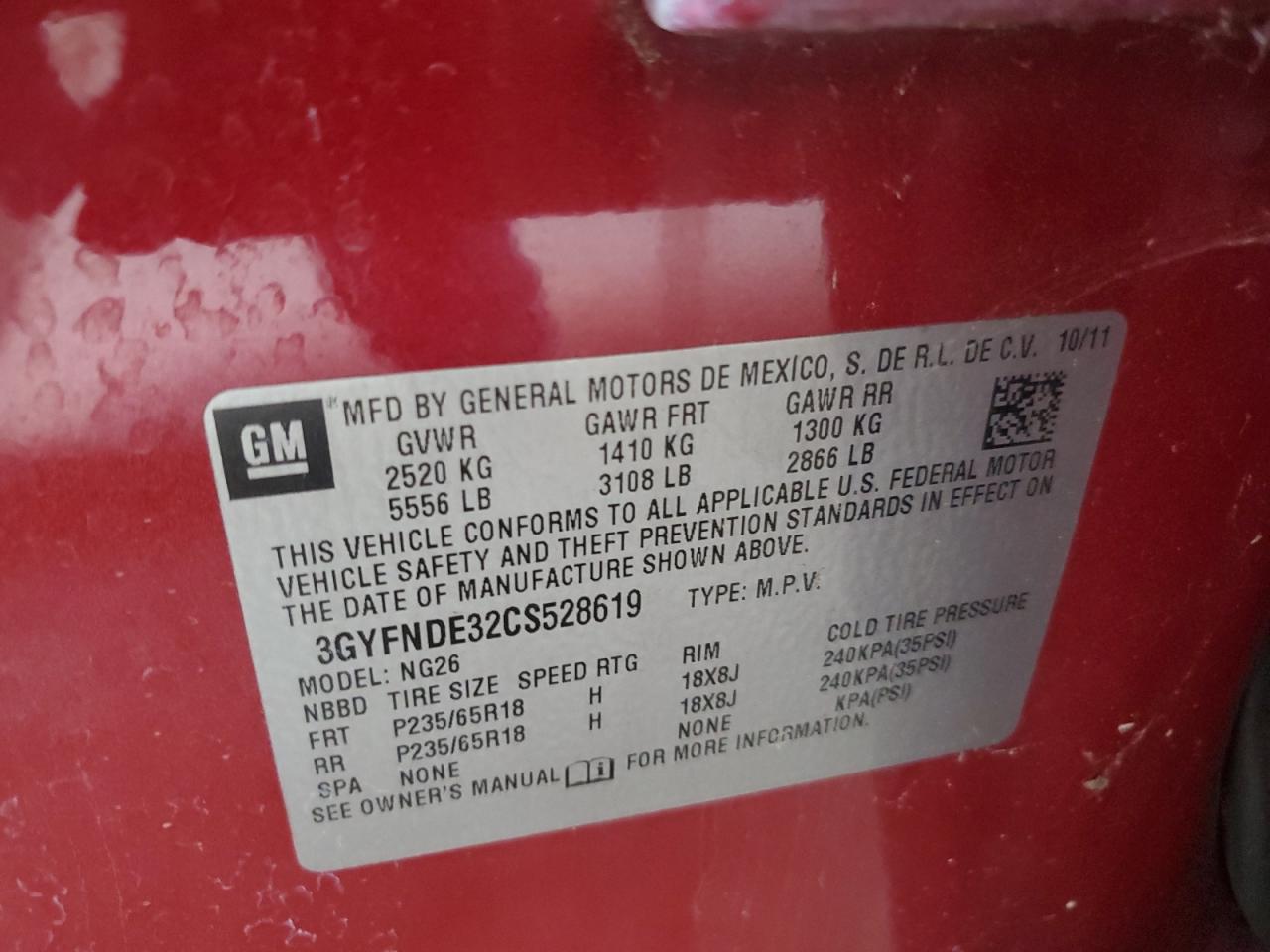 2012 Cadillac Srx Luxury Collection VIN: 3GYFNDE32CS528619 Lot: 71214025