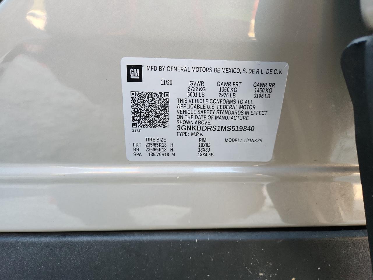 2021 Chevrolet Blazer 3Lt VIN: 3GNKBDRS1MS519840 Lot: 80393505