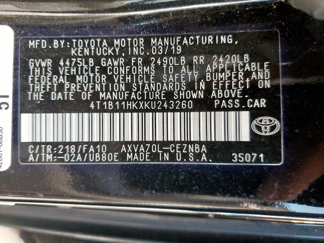 2019 Toyota Camry L VIN: 4T1B11HKXKU243260 Lot: 84268345