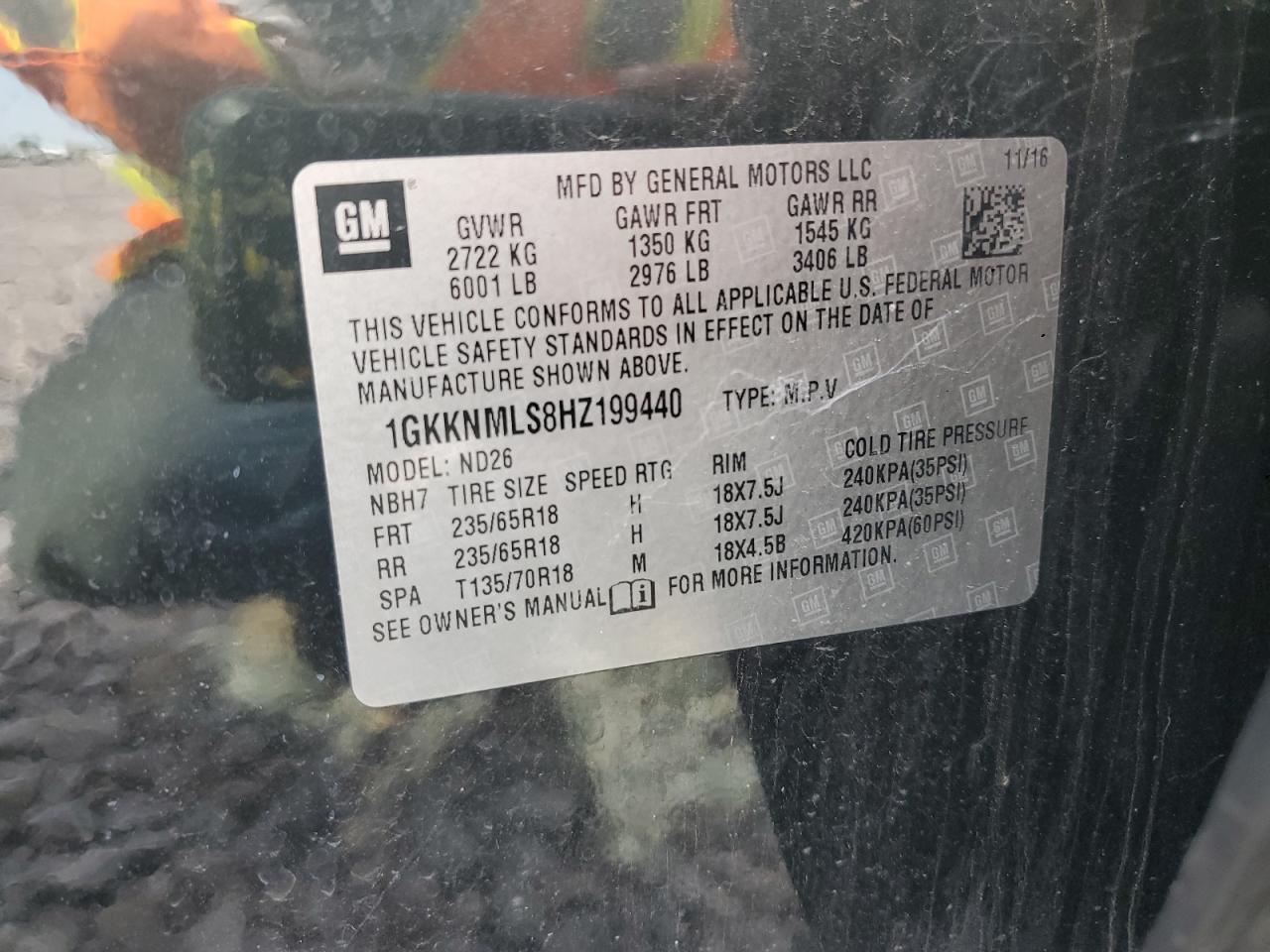 2017 GMC Acadia Slt-1 VIN: 1GKKNMLS8HZ199440 Lot: 72040965