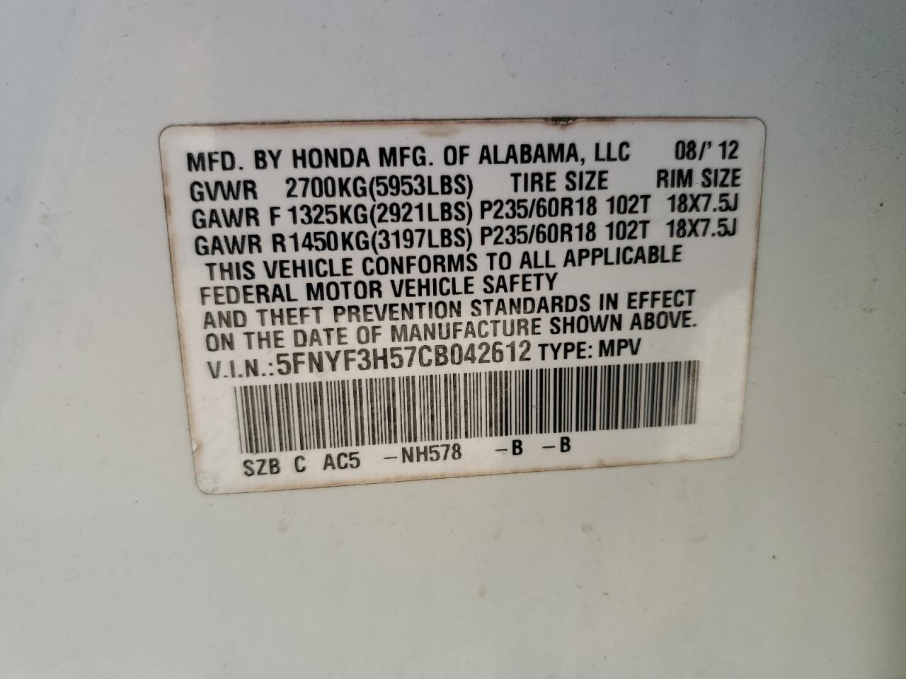 2012 Honda Pilot Exl VIN: 5FNYF3H57CB042612 Lot: 80907155