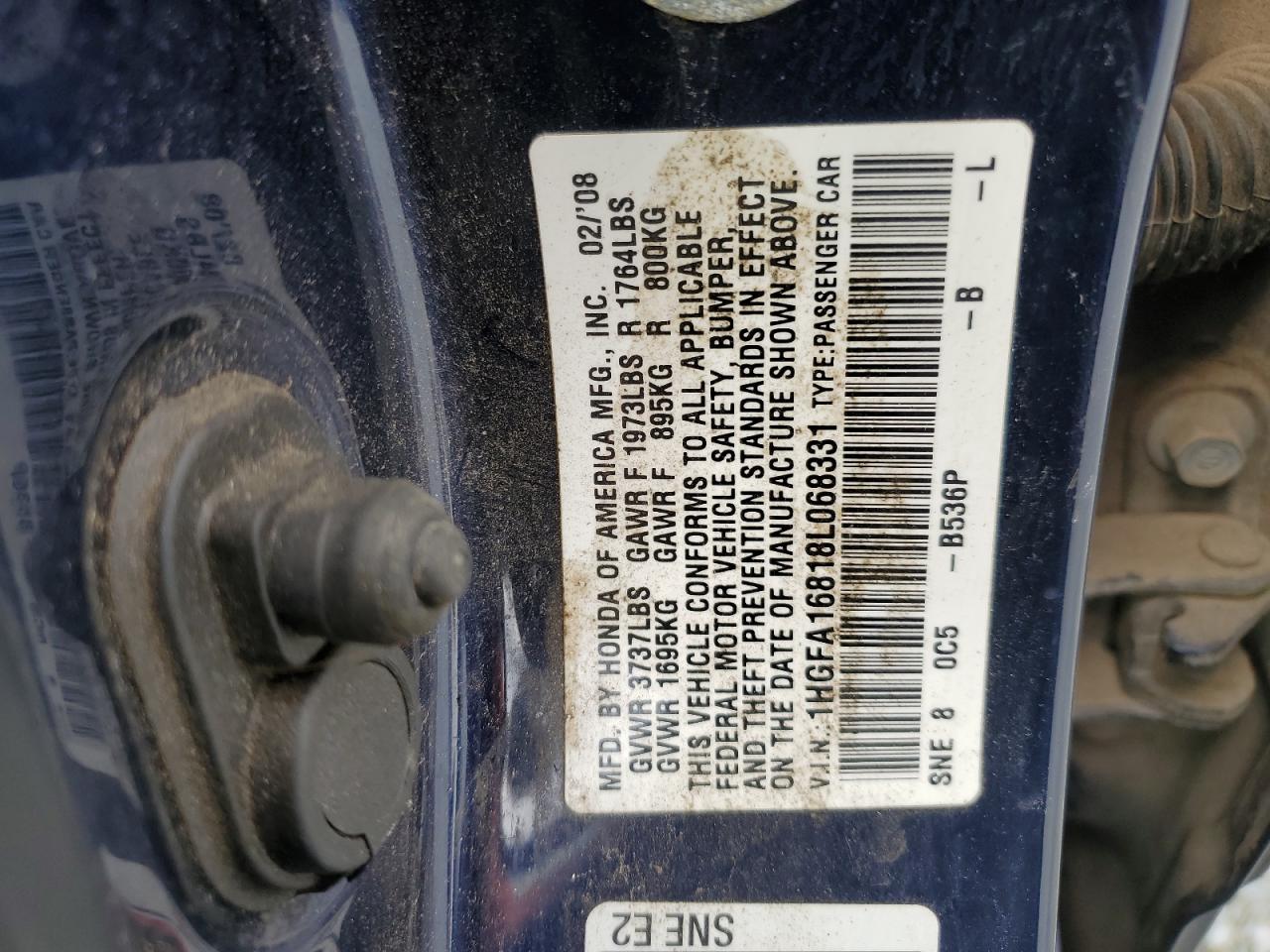 2008 Honda Civic Ex VIN: 1HGFA16818L068331 Lot: 81943225