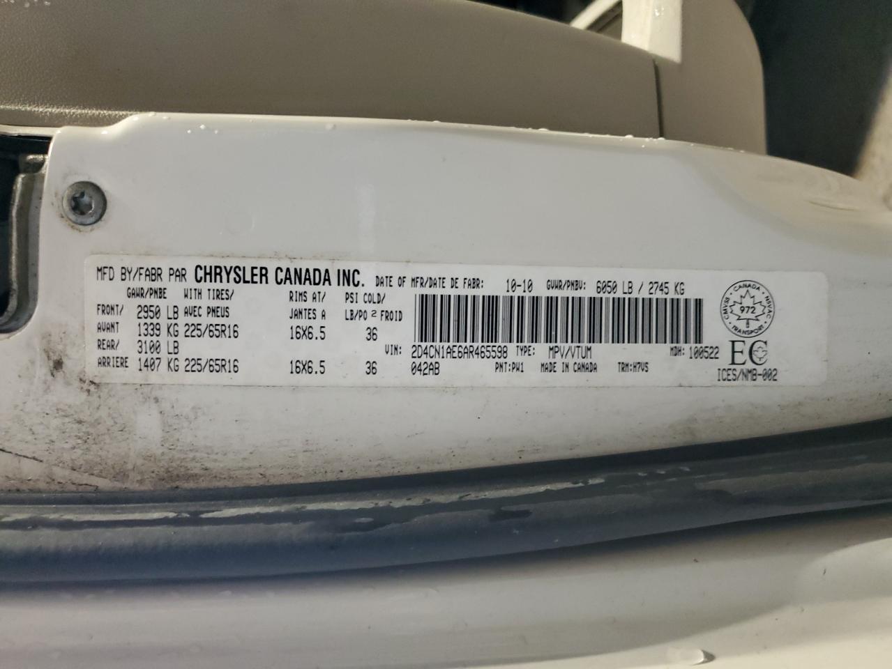 2010 Dodge Grand Caravan C/V VIN: 2D4CN1AE6AR465598 Lot: 81302275