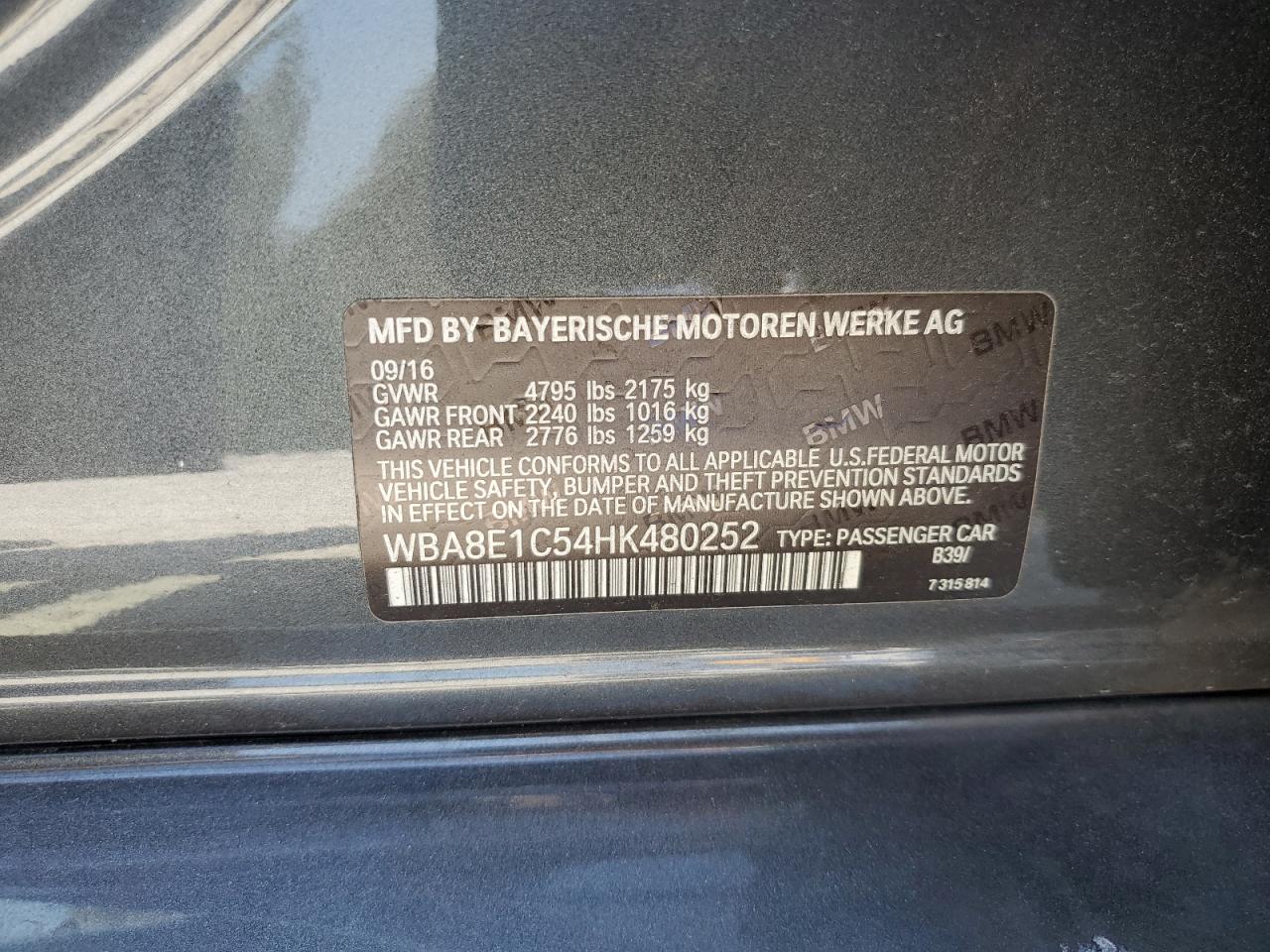 2017 BMW 330E VIN: WBA8E1C54HK480252 Lot: 72029395