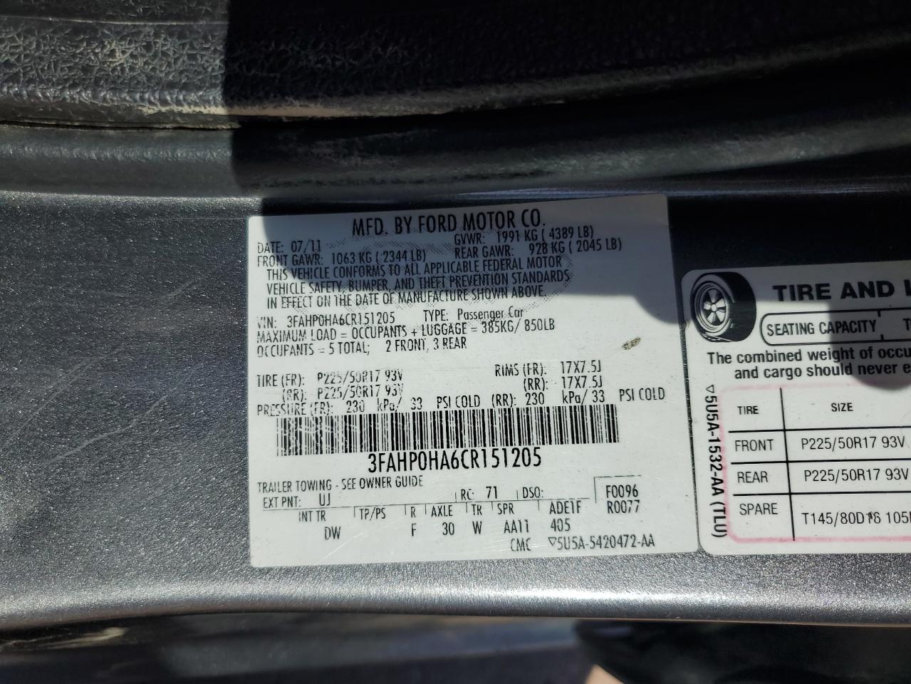 2012 Ford Fusion Se VIN: 3FAHP0HA6CR151205 Lot: 81949925