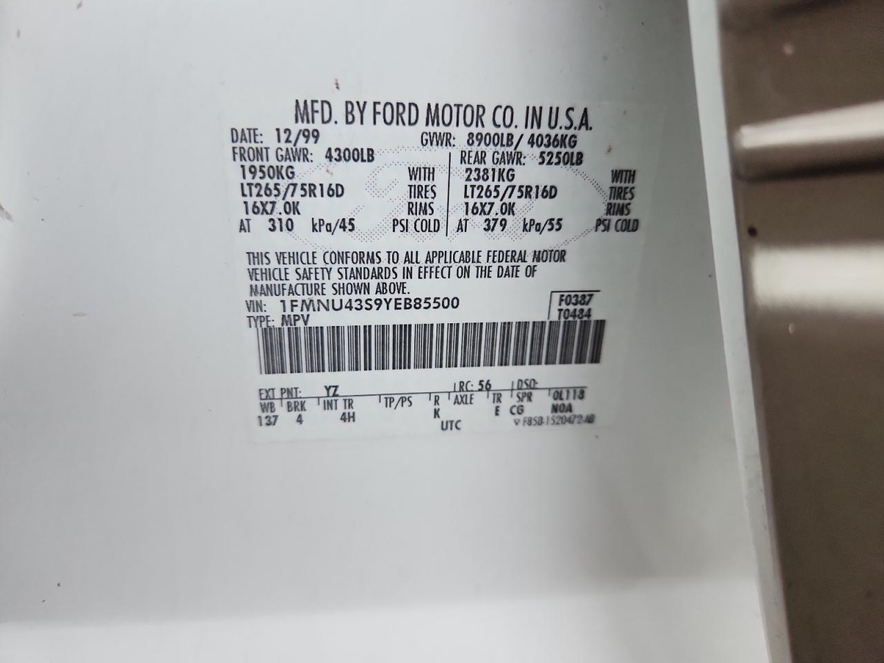2000 Ford Excursion Limited VIN: 1FMNU43S9YEB85500 Lot: 81487355